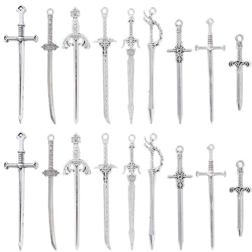 8614 1 Box 40Pcs 10 Styles Sword Charms Silver Knife Charm Alloy Bookmark
